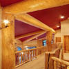 log handrail and logs contrast against the ceiling